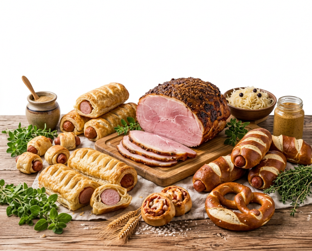 Bild von Backschinken und Backwürstchen aus dem Sortiment.